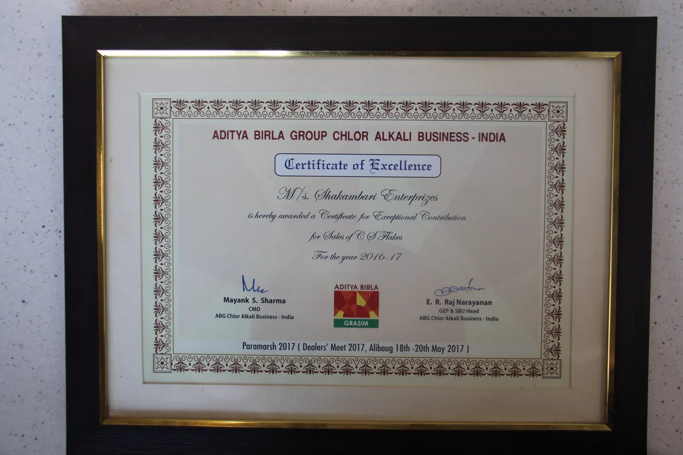 Framed Certificate of Excellence for exceptional sales of caustic soda flakes, Aditya Birla Group Chlor-Alkali Business